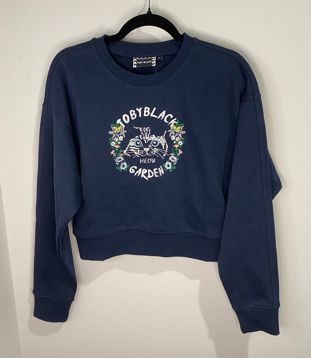 Toby Black Graphic Cropped Sweatshirt Women’s S Navy Cotton Cat Botanical NWT
